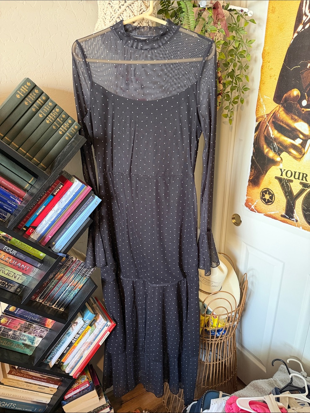 Black Polka Dot Mesh Long Sleeve Midi Dress